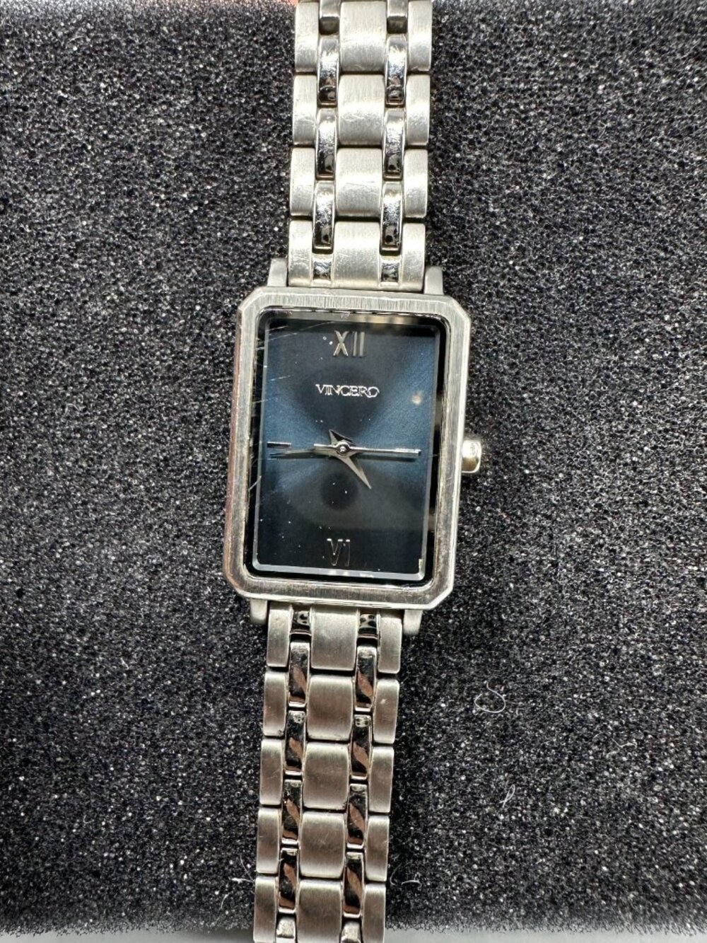 Vincero Ava Watch Women Silver Tone Blue Rectangle Dial New Battery 7.75"